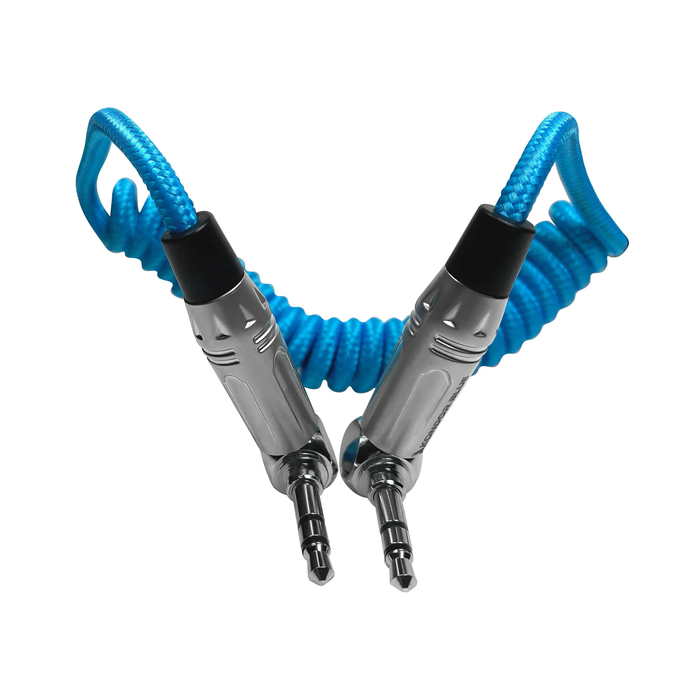 Kondor Blue Coiled 3.5mm to 3.5mm Right Angle TRS Stereo Audio Cable, 12-24" - Kondor Blue