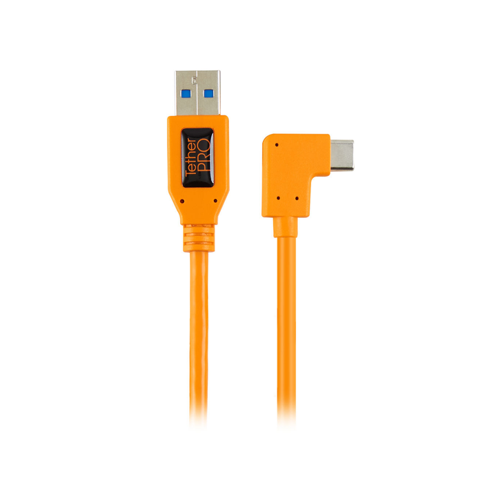 Tether Tools TetherPro USB-A 3.0 to Right Angle USB-C Pigtail Cable, 20" (50cm) - High-Visibility Orange