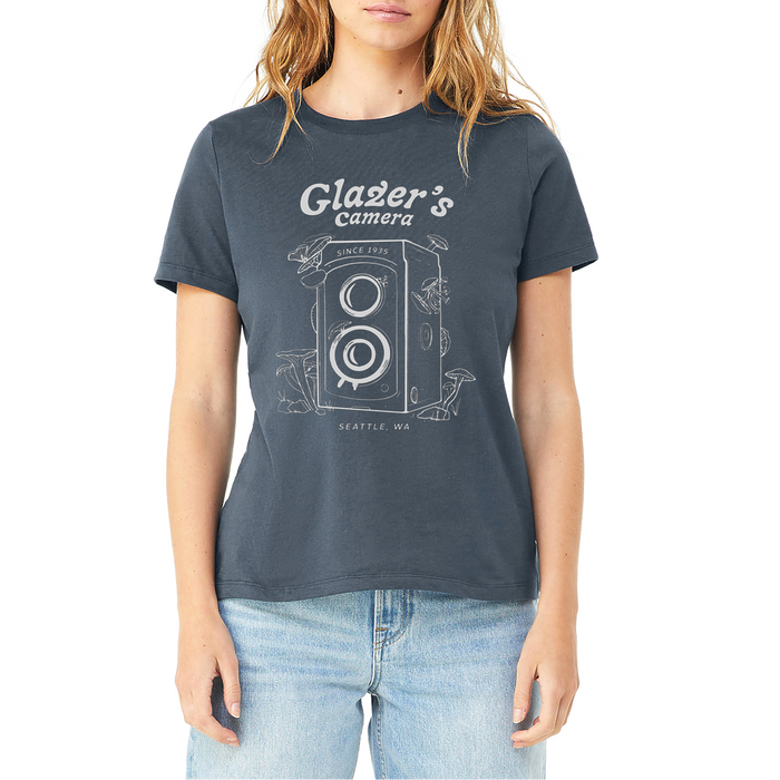 Glazer's Mushroom Camera T-Shirt Vintage Navy - Women's Large