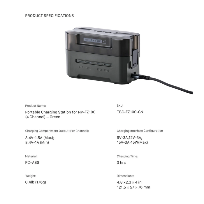 Tilta Portable 4-Bay Charging Station for NP-FZ100 Batteries – Green
