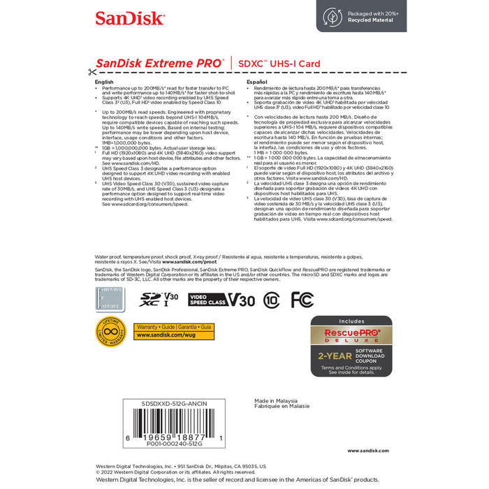 SanDisk 512GB Extreme Pro UHS-I SDXC Memory Card