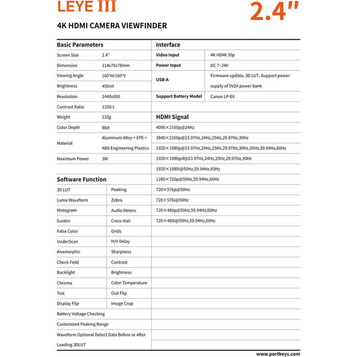 Portkeys LEYE III 4K HDMI 2.4" LCD Electronic Viewfinder