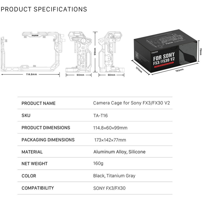 Tilta Full Camera Cage for Sony FX3/FX30 V2 - Titanium Gray