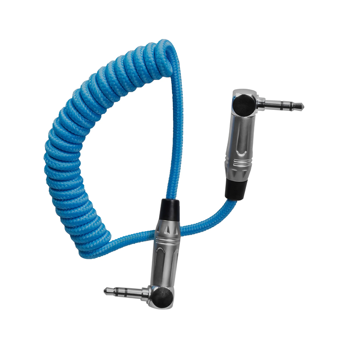 Kondor Blue Coiled 3.5mm to 3.5mm Right Angle TRS Stereo Audio Cable, 12-24" - Kondor Blue