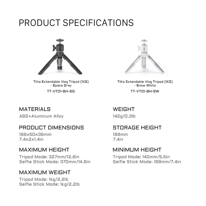 Tilta VT01 Extendable Vlog Tripod - Space Gray