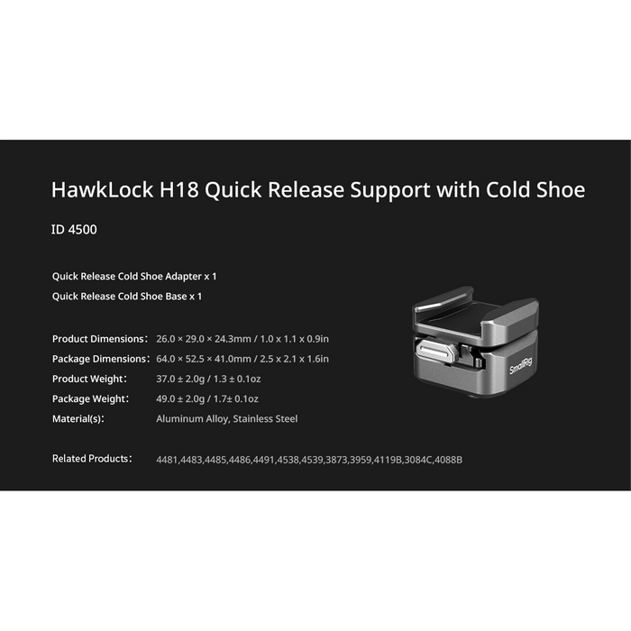 SmallRig HawkLock H18 Quick Release Support with Cold Shoe Receiver 4500