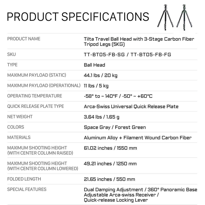Tilta BT05 Travel 3-Stage Carbon Fiber Tripod with Ball Head - Forest Green