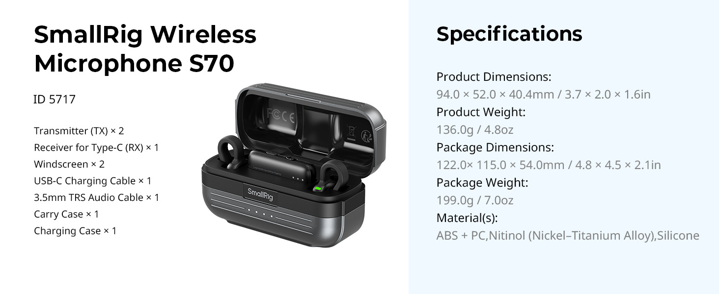 SmallRig S70 Ultra Thin Invisible Wireless Microphone for Phone (2TX + 1RX) 5717