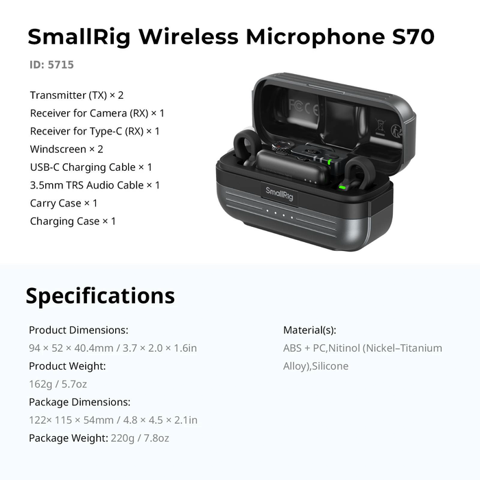 SmallRig S70 Ultra Thin Invisible Wireless Microphone for Phone & Camera (2+2) 5715