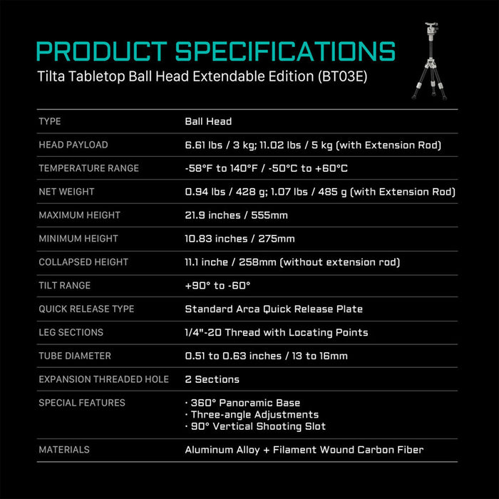 Tilta BT03E Carbon Fiber Tabletop Tripod with Ball Head & Extendable Center Column with 1-Stage Tripod Legs - Forest Green