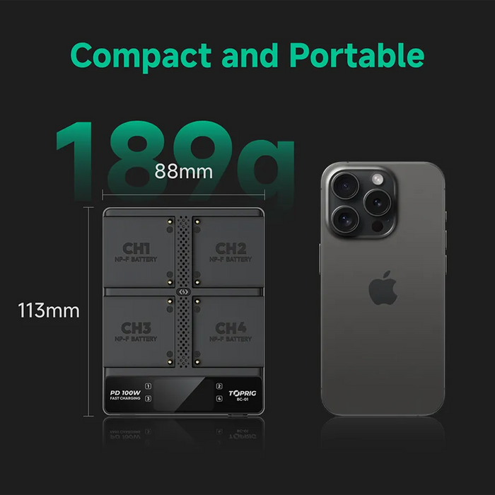 Accsoon TopRig 100W 4-Bay NP-F Fast Charger Kit with 100W PD Cable & 100W Power Adapter