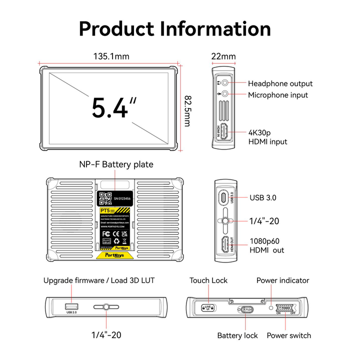 Portkeys PT5 III 5.4" 4K HDMI Touchscreen Monitor with 3D LUT Support