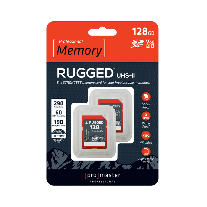 ProMaster 128GB Rugged UHS-II SDXC V60 Memory Card - 2 Pack