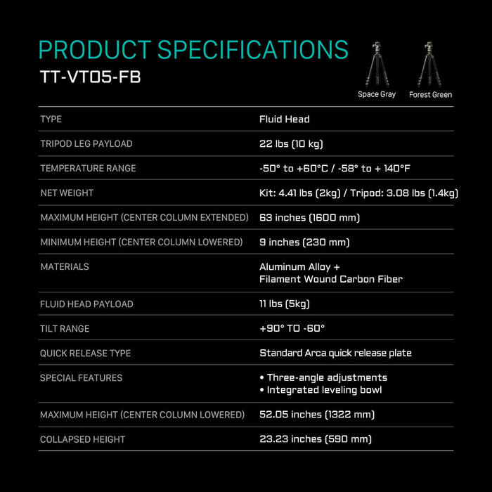Tilta VT05 Travel 3-Stage Carbon Fiber Tripod with Video Fluid Head - Forest Green
