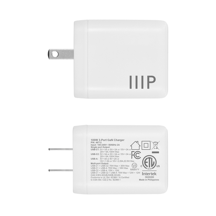 Monoprice USB 100W 3-Port Foldable Wall Charger with 2 USB-C & 1 USB-A Ports