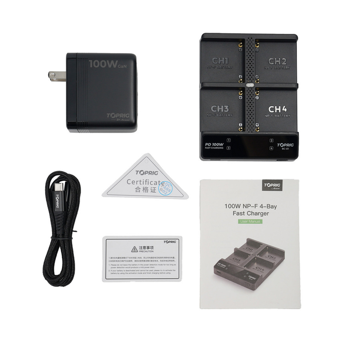 Accsoon TopRig 100W 4-Bay NP-F Fast Charger Kit with 100W PD Cable & 100W Power Adapter