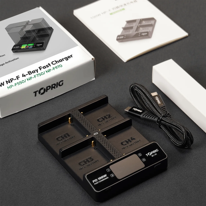 Accsoon TopRig 100W 4-Bay NP-F Fast Charger Kit with 100W PD Cable & 100W Power Adapter
