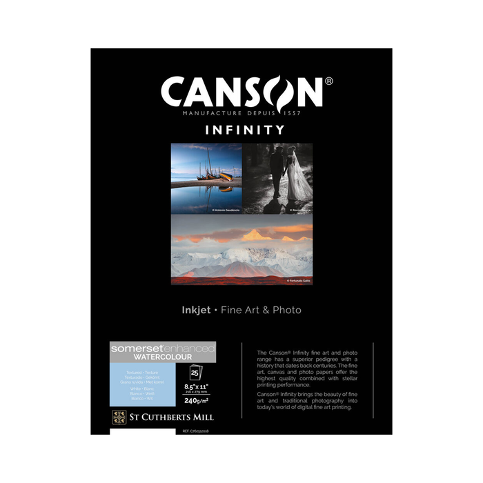 Canson Infinity Somerset Enhanced Watercolor White Rag Matte Inkjet Paper, 240 gsm, 8.5 x 11" - 25 Sheets