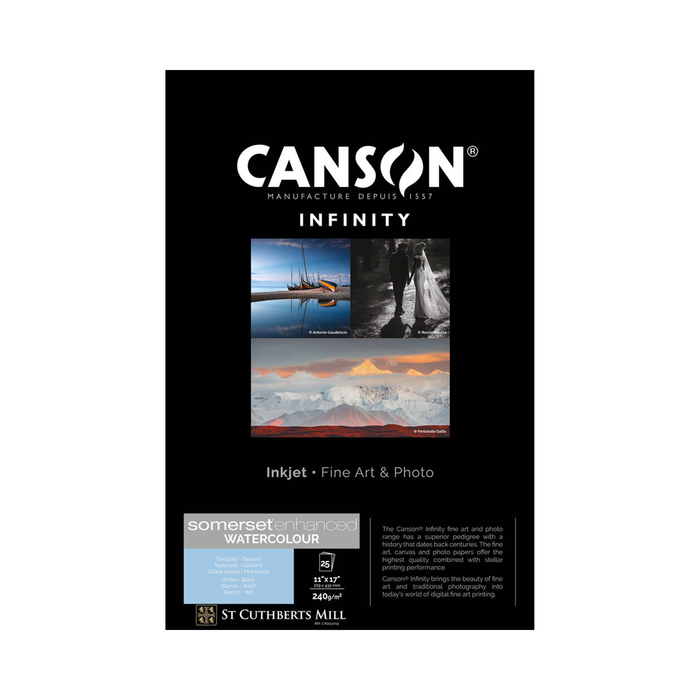 Canson Infinity Somerset Enhanced Watercolor White Rag Matte Inkjet Paper, 240 gsm, 11 x 17" - 25 Sheets