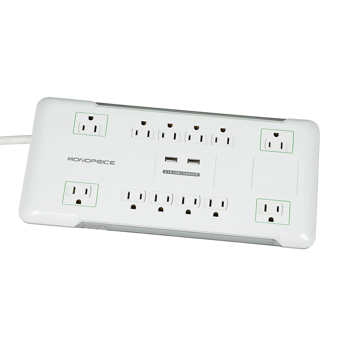 Monoprice 12 Outlet Power Surge Protector with 2 Built-In USB Charger Ports, 6ft Cord - White
