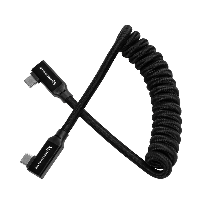 Kondor Blue Coiled Right-Angle Braided USB-C 3.1 Cable for 8K Data & Power Delivery, 12-24" - Raven Black