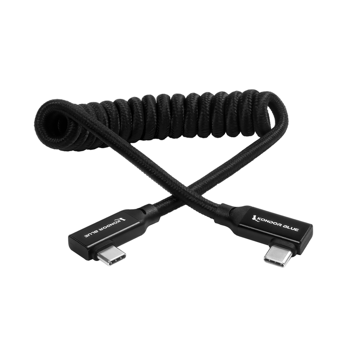 Kondor Blue Coiled Right-Angle Braided USB-C 3.1 Cable for 8K Data & Power Delivery, 12-24" - Raven Black