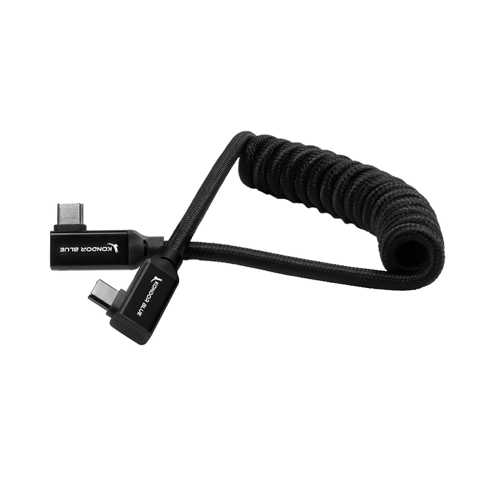 Kondor Blue Coiled Right-Angle Braided USB-C 3.1 Cable for 8K Data & Power Delivery, 12-24" - Raven Black