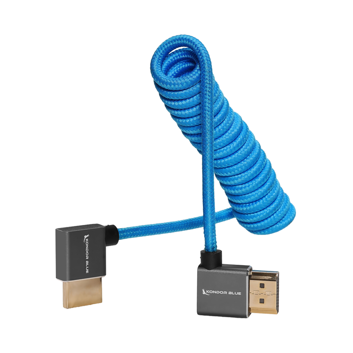 Kondor Blue Coiled Right-Angle Full HDMI Cable for On-Camera Monitors, 12-24" - Kondor Blue