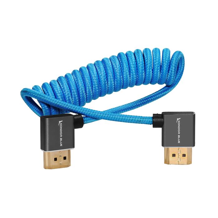 Kondor Blue Coiled Right-Angle Full HDMI Cable for On-Camera Monitors, 12-24" - Kondor Blue