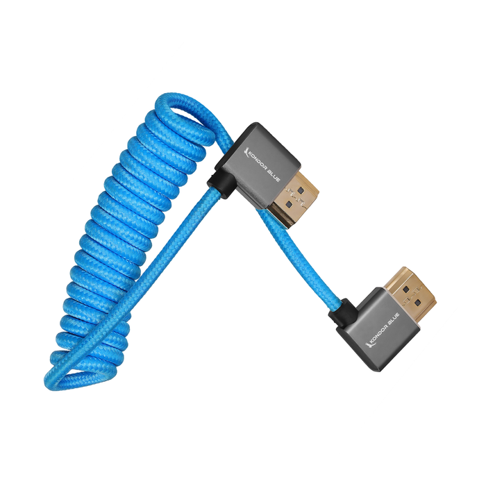 Kondor Blue Coiled Right-Angle Full HDMI Cable for On-Camera Monitors, 12-24" - Kondor Blue