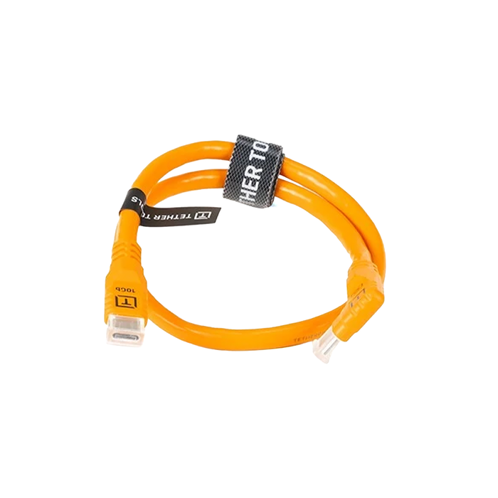 Tether Tools TetherPro Optima 10G USB-C Straight to Right Angle Pigtail Adapter Cable, 20" - High-Visibility Orange