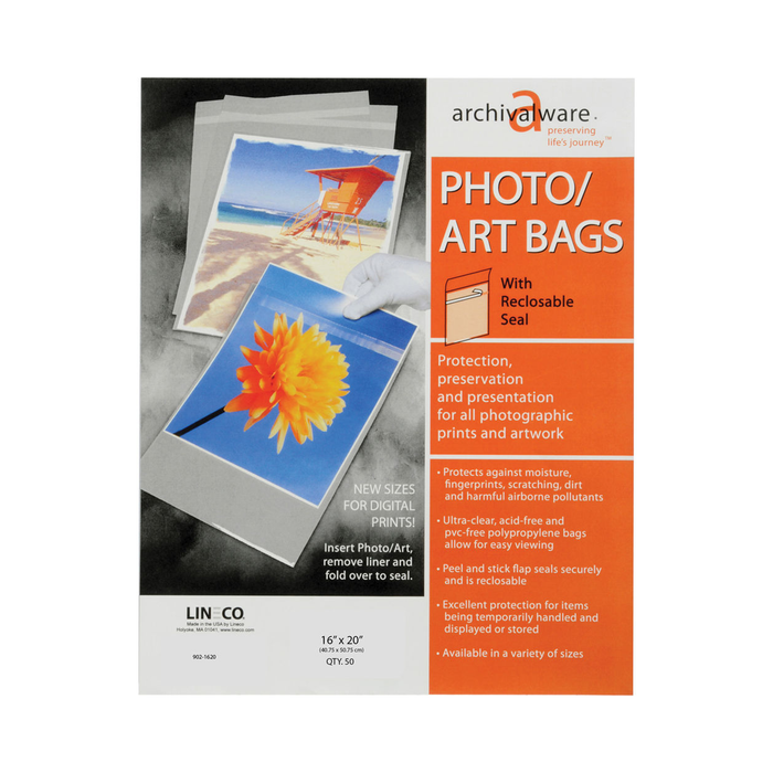 Lineco Self-Sealing Photo/Art Polypropylene Bag with Flap, 16 x 20" - 50 Pack