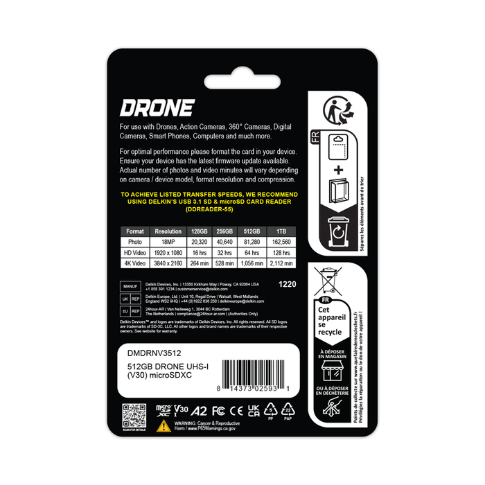 Delkin Devices 512GB DRONE UHS-I (U3/V30/A2) microSD Memory Card