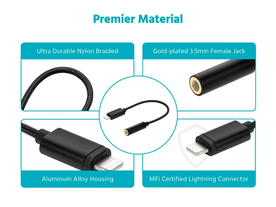 Monoprice Lightning to 3.5mm Jack Audio Adapter Nylon Braided Cable, 6.38" - Black