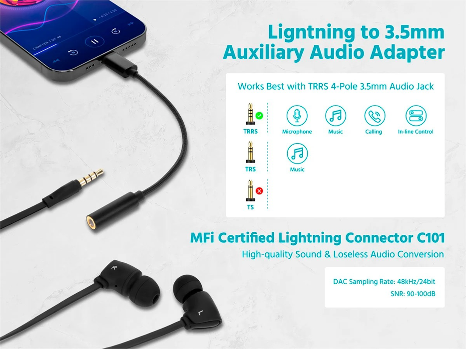 Monoprice Lightning to 3.5mm Jack Audio Adapter Nylon Braided Cable, 6.38" - Black