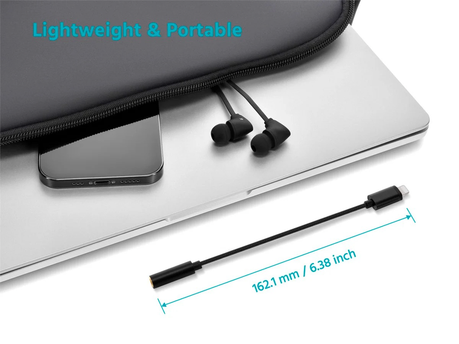 Monoprice Lightning to 3.5mm Jack Audio Adapter Nylon Braided Cable, 6.38" - Black