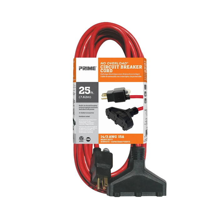 Prime Triple-Tap Outdoor Extension Cord with Circuit Breaker Plug, 25' - Red
