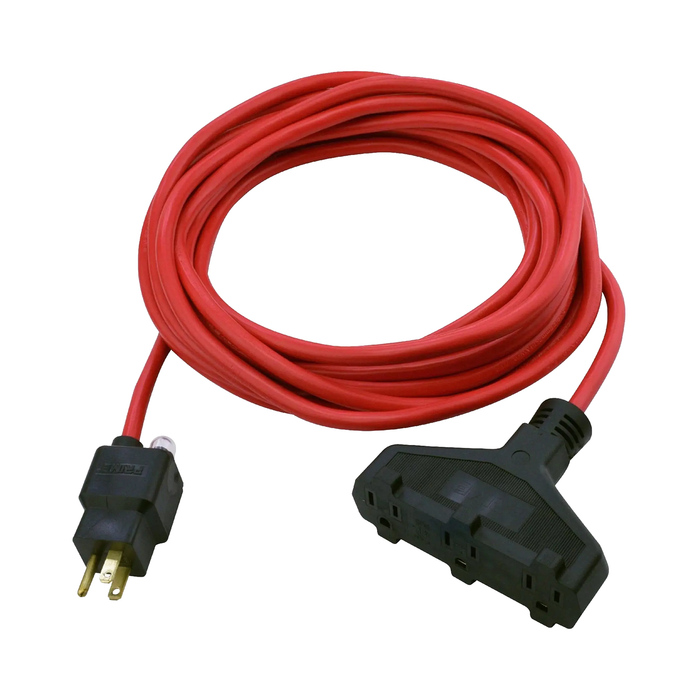 Prime Triple-Tap Outdoor Extension Cord with Circuit Breaker Plug, 25' - Red
