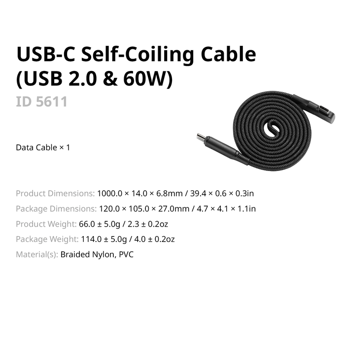 SmallRig USB-C Self-Coiling Charging Cable 60W 5611