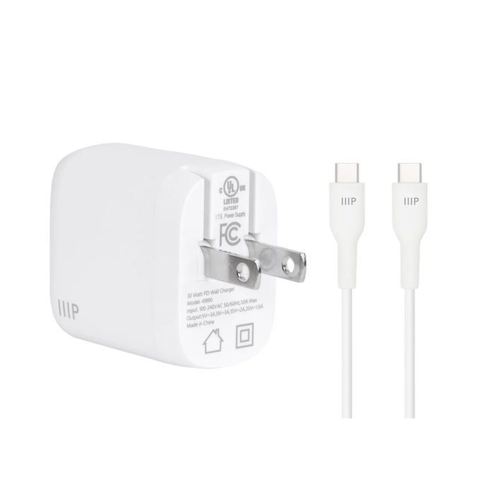 Monoprice iPad Pro Charging USB-C Cable & Mini Folding Wall Charger Bundle, 6ft (1.8m) - White