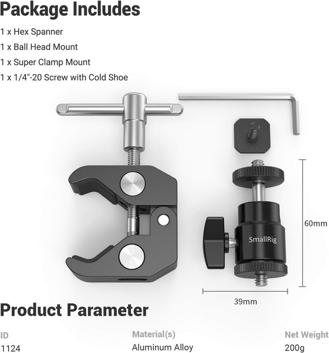 SmallRig Super Clamp Mount with 1/4" Screw Ball Head Mount 1124