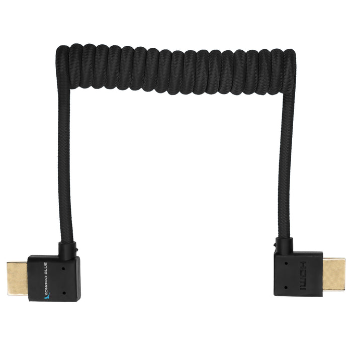 Kondor Blue Coiled Right-Angle High-Speed HDMI Cable for On Camera Monitors, 12" to 24" - Raven Black