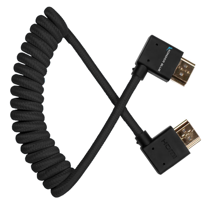 Kondor Blue Coiled Right-Angle High-Speed HDMI Cable for On Camera Monitors, 12" to 24" - Raven Black
