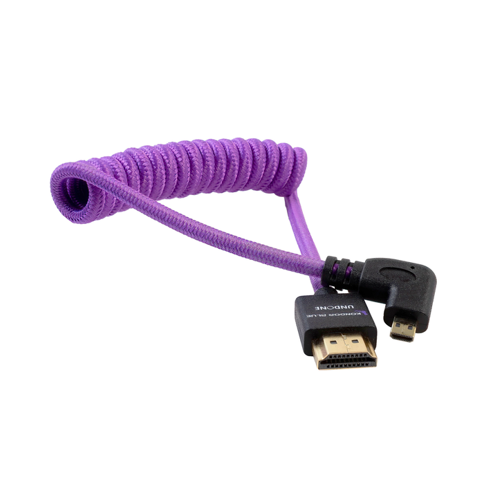 Kondor Blue Gerald Undone Braided Coiled High-Speed Right-Angle Micro-HDMI to HDMI Cable for Canon R5 & R6 Cameras, 12" to 24" - Limited Purple Edition