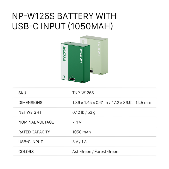 Tilta NP-W126S Battery with USB-C Input (1050mAh) - Forest Green