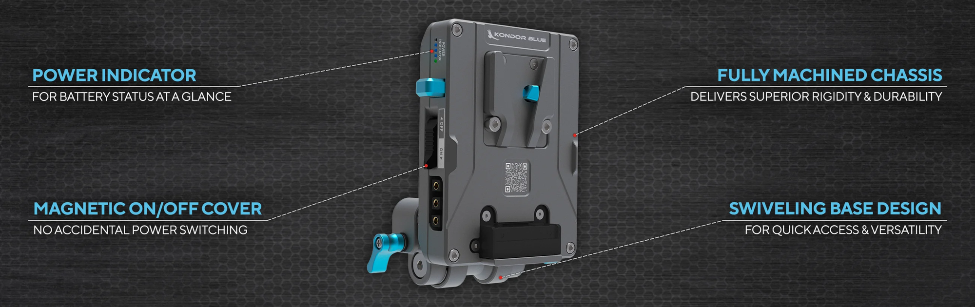 Kondor Blue Pro V-Mount Battery Plate with Swiveling Rod Block - Raven Black