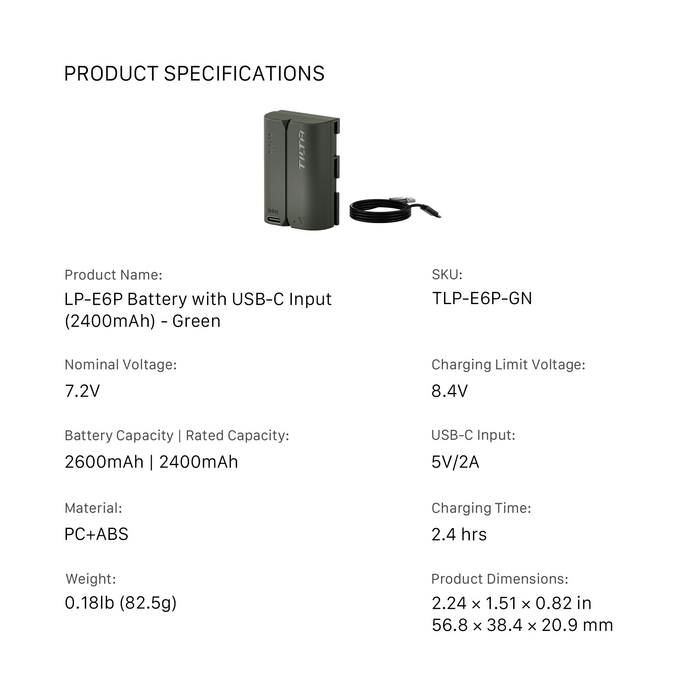 Tilta LP-E6P Battery with USB-C Input (2400mAh) for Canon Cameras - Green