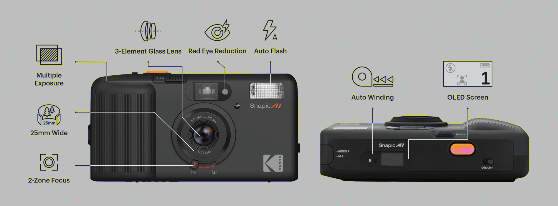 Kodak Snapic A1 35mm Film Camera - Rhino Grey