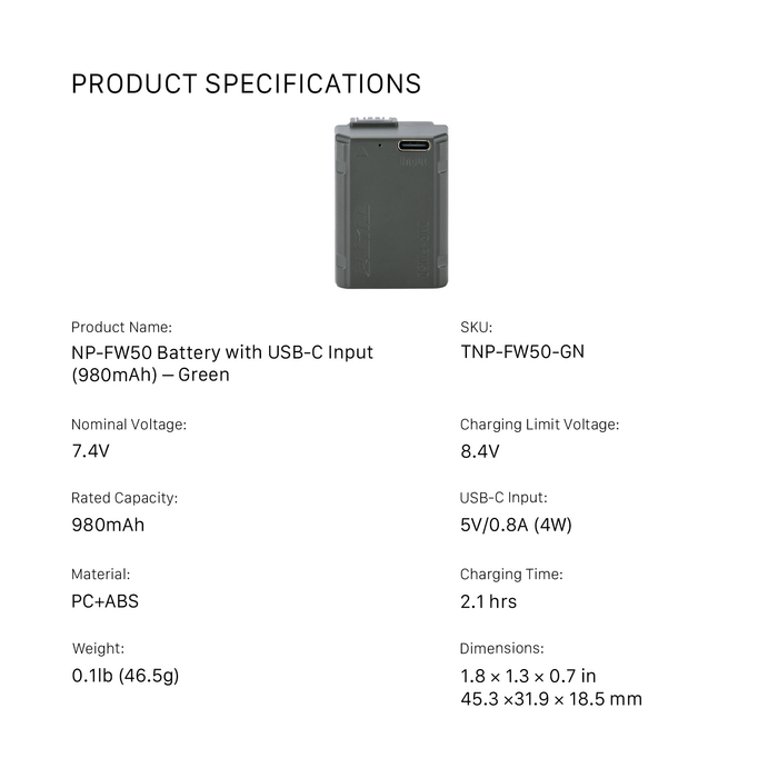 Tilta NP-FW50 Battery with USB-C Input (980mAh) - Green