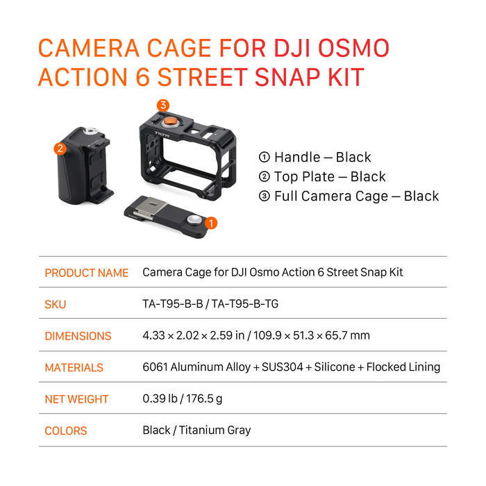 Tilta Full Camera Cage with Street Snap Accessory Kit for DJI Osmo Action 6 - Black